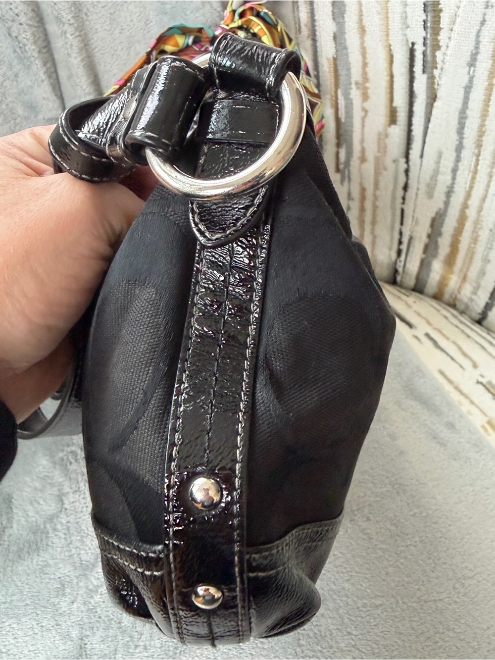 Coach Black Signature Jacquard Shoulder Bag or crossbody with Patent Trim - Picture 6 of 11
